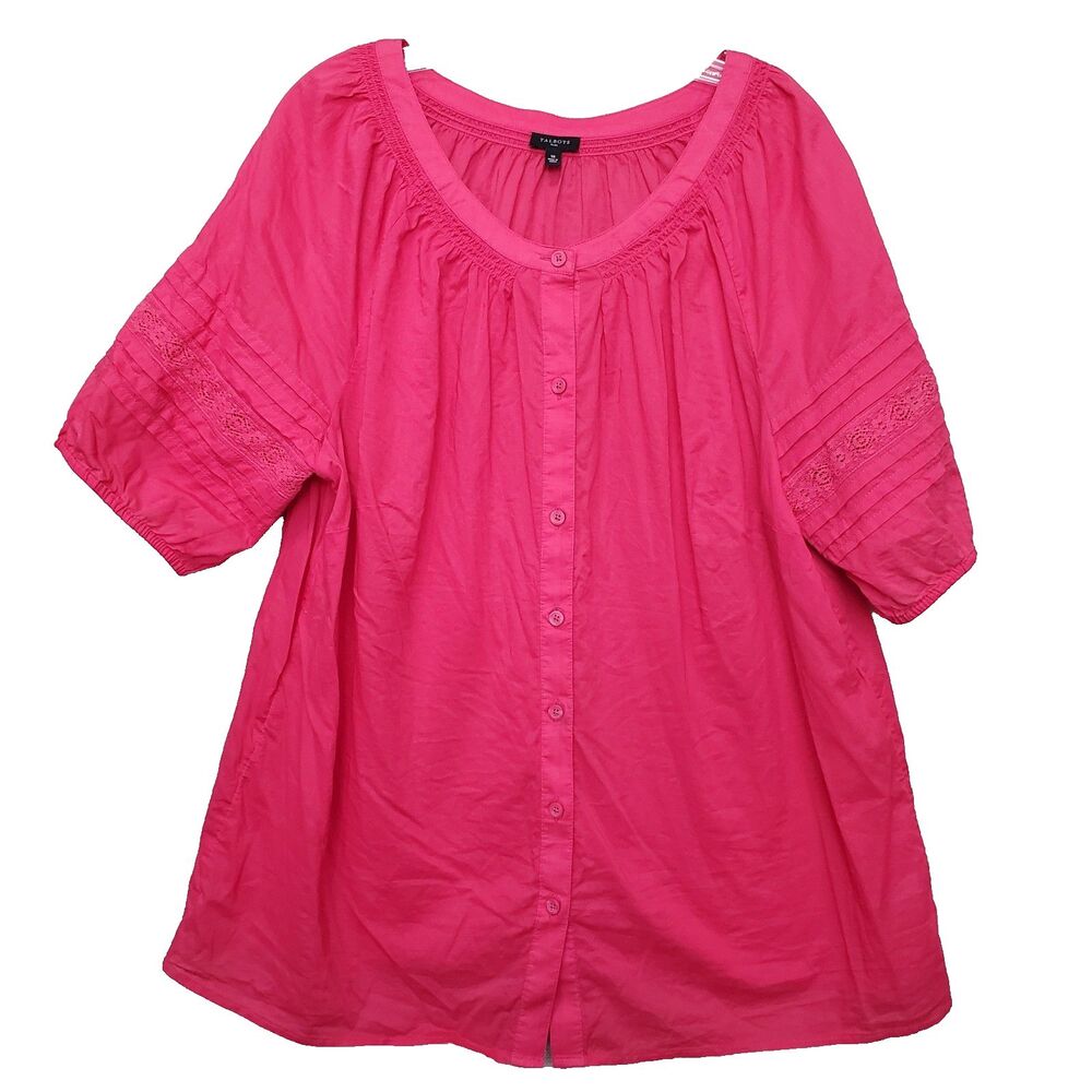 Talbots Plus Raspberry Pink 100% Cotton Smocked Neck Lace Detail Button-Up 1X